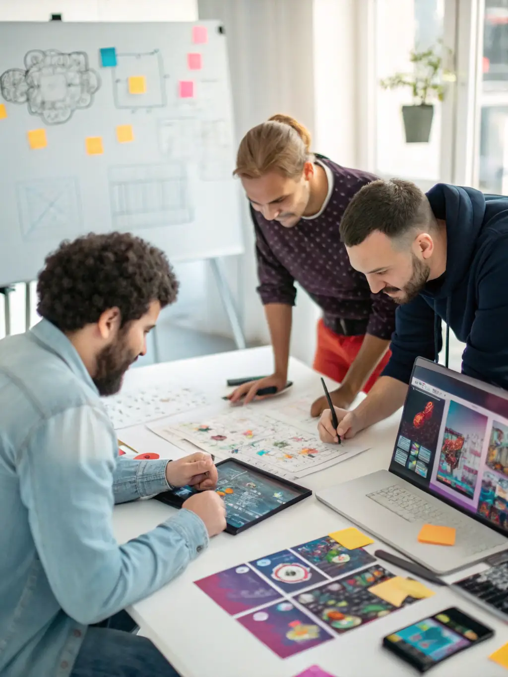 An image of a diverse team working together on a game project, showcasing IG Studio's collaborative and inclusive work environment.