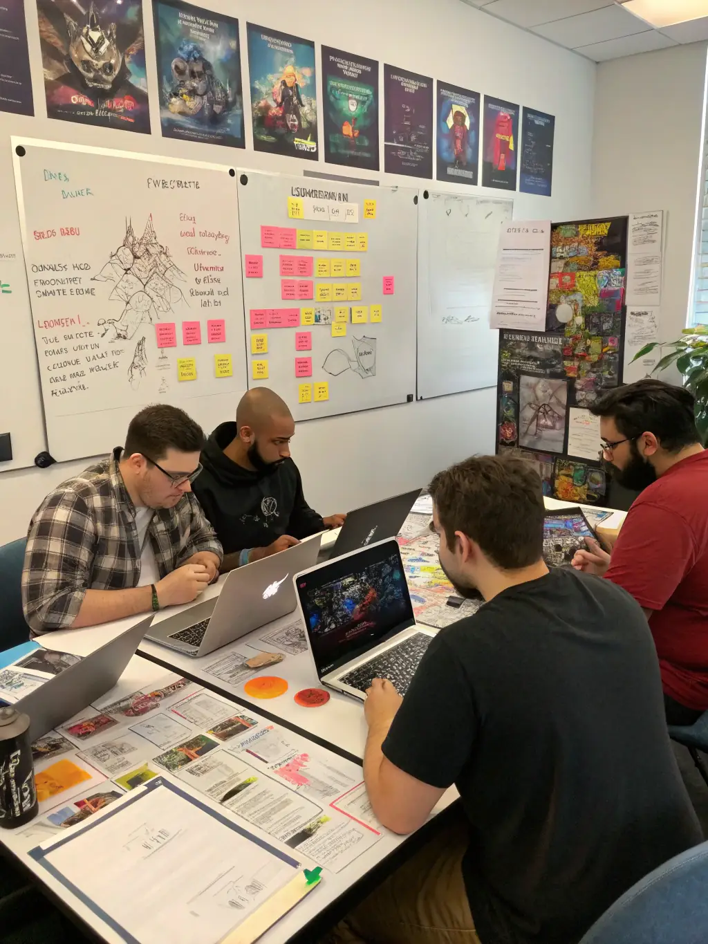 A behind-the-scenes image of a game development team collaborating on a project, showing the production process with developers, artists, and designers working together, used to represent IG Studio's production services.